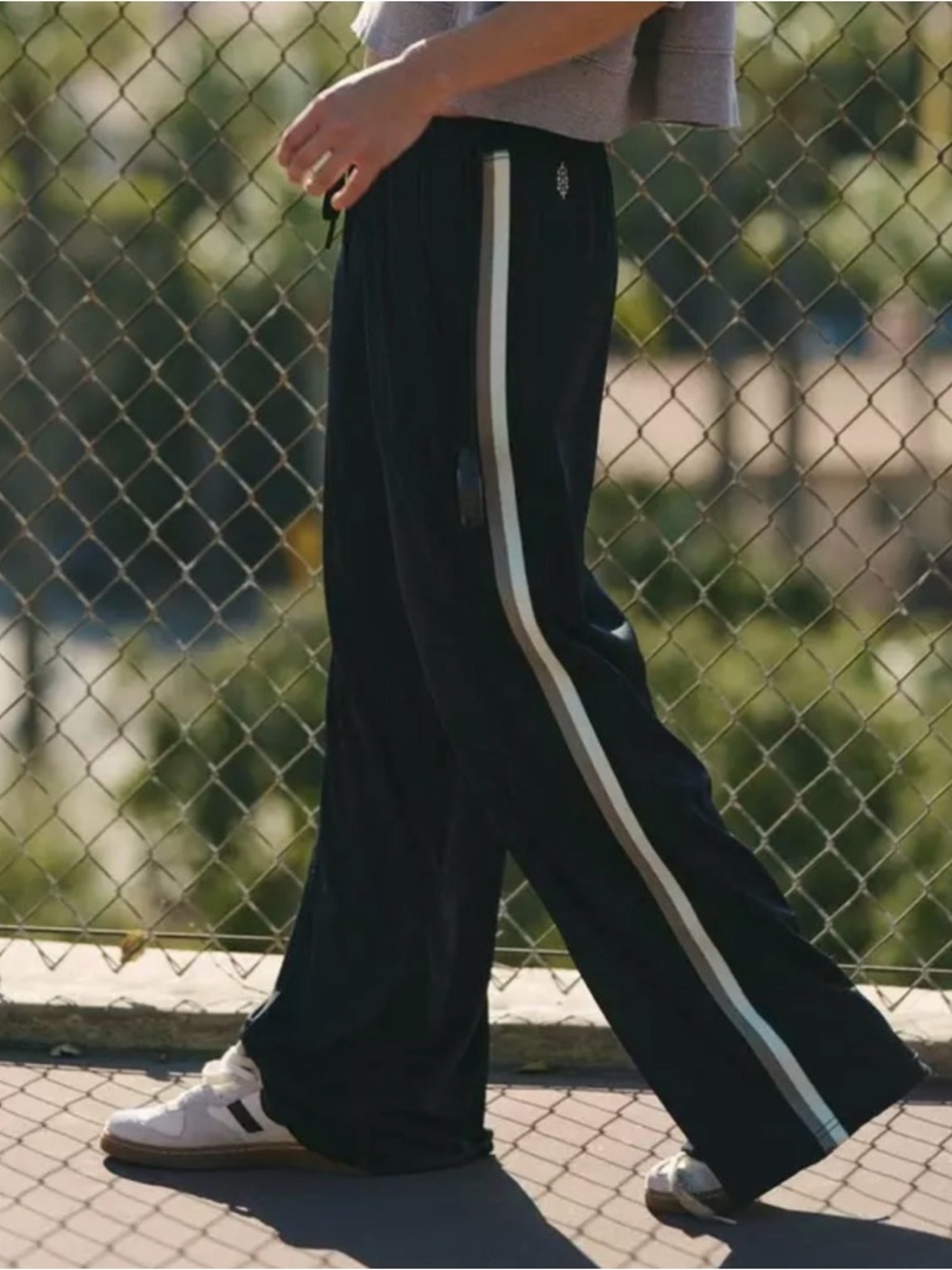 FP Movement by Free People Black Wide-Leg Track Pants with Cream Side Stripe
